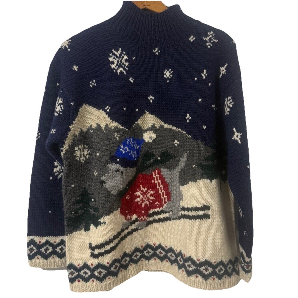 Vintage 90s Lauren Ralph Lauren Hand Knit Wool Skiing Dog Sweater Size M Holiday